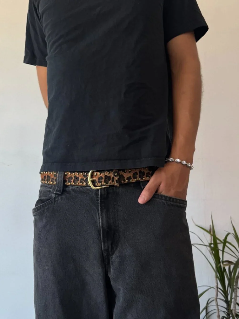 Brown Leopard Studded Brass Buckle Belt